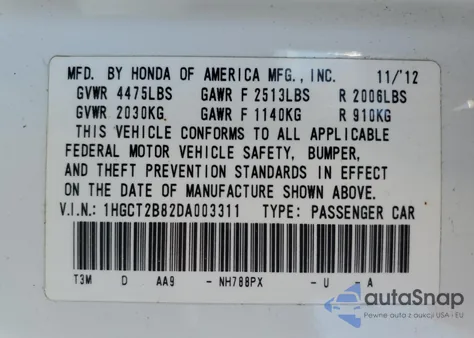 2013 Honda Accord Exl from USA, damaged, VIN 1HGCT2B82DA003311